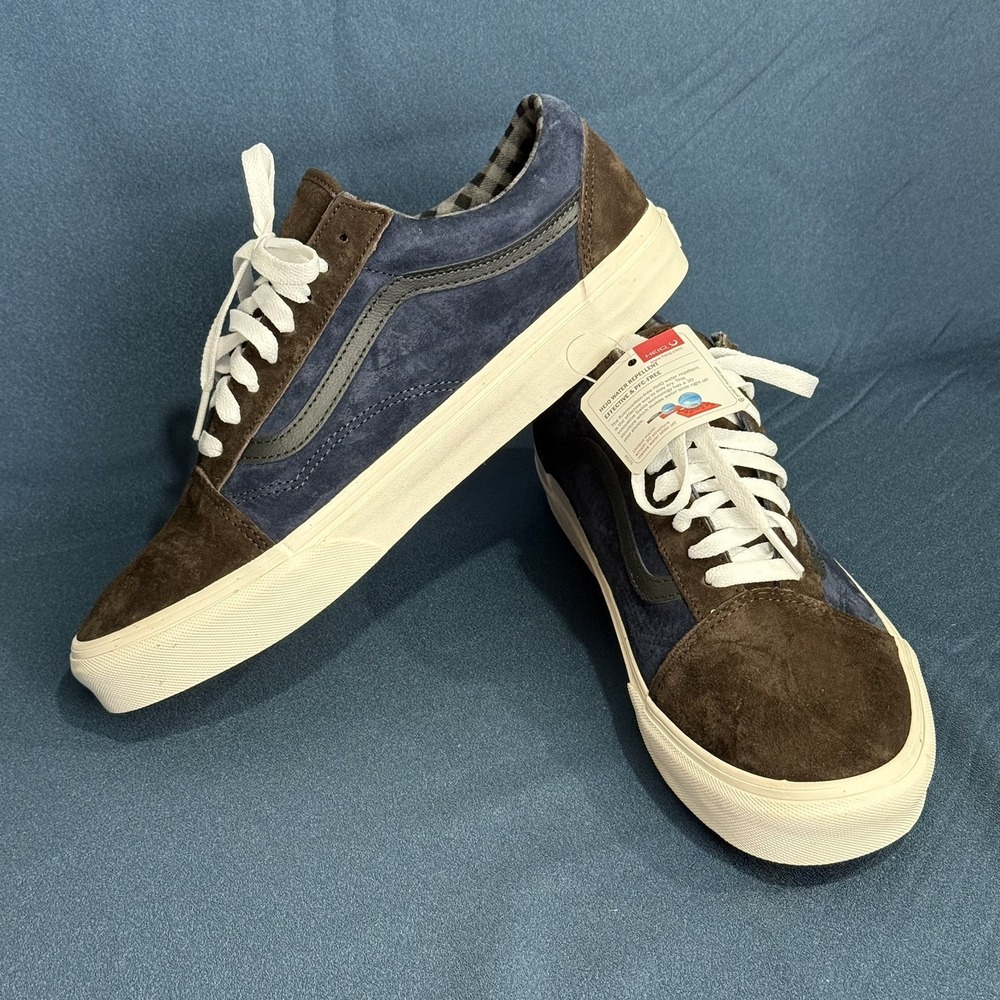 Vans Old Skool Mens 11 Pig Suede Plaid Brown Navy Blue Water Repellent 751505 - Picture 6 of 9